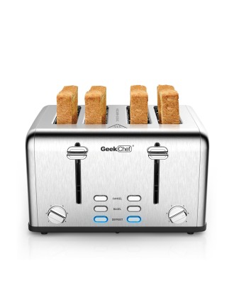 2024 Fashion Toaster 4 Slice, Geek Chef Stainless Steel Extra-Wide Slot Toaster with Dual Control Panels of Bagel