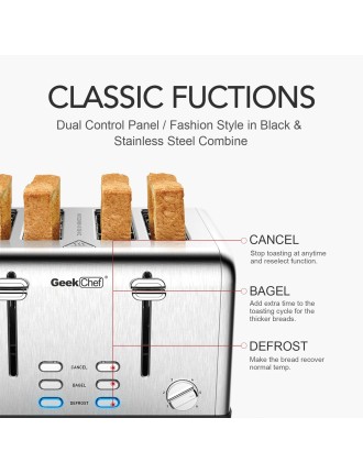 2024 Fashion Toaster 4 Slice, Geek Chef Stainless Steel Extra-Wide Slot Toaster with Dual Control Panels of Bagel