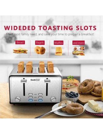 2024 Fashion Toaster 4 Slice, Geek Chef Stainless Steel Extra-Wide Slot Toaster with Dual Control Panels of Bagel