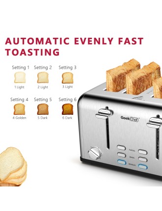 2024 Fashion Toaster 4 Slice, Geek Chef Stainless Steel Extra-Wide Slot Toaster with Dual Control Panels of Bagel